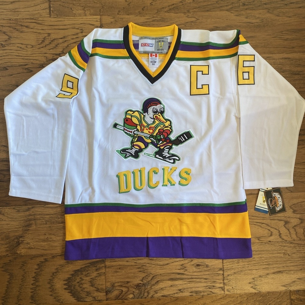 CCM Vintage Hockey Mighty Ducks Conway 96 Jersey White Mens 50 Movie Replica NEW